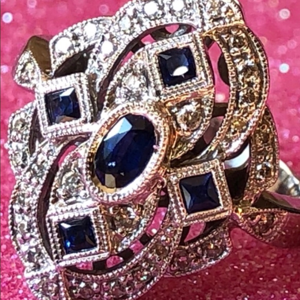 14 k Art Deco diamond and natural sapphire ring